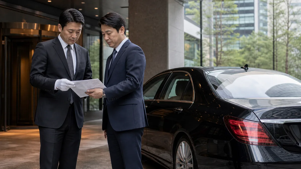 丸の内のオフィス前で役員車の運行表と法人契約を確認する責任者