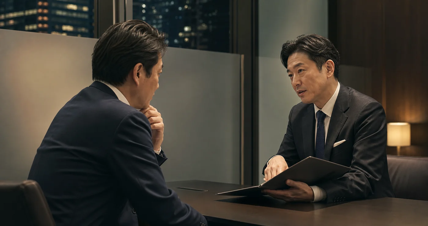 情報管理を前提に会社売却の初期相談を行う経営者とM&Aアドバイザー