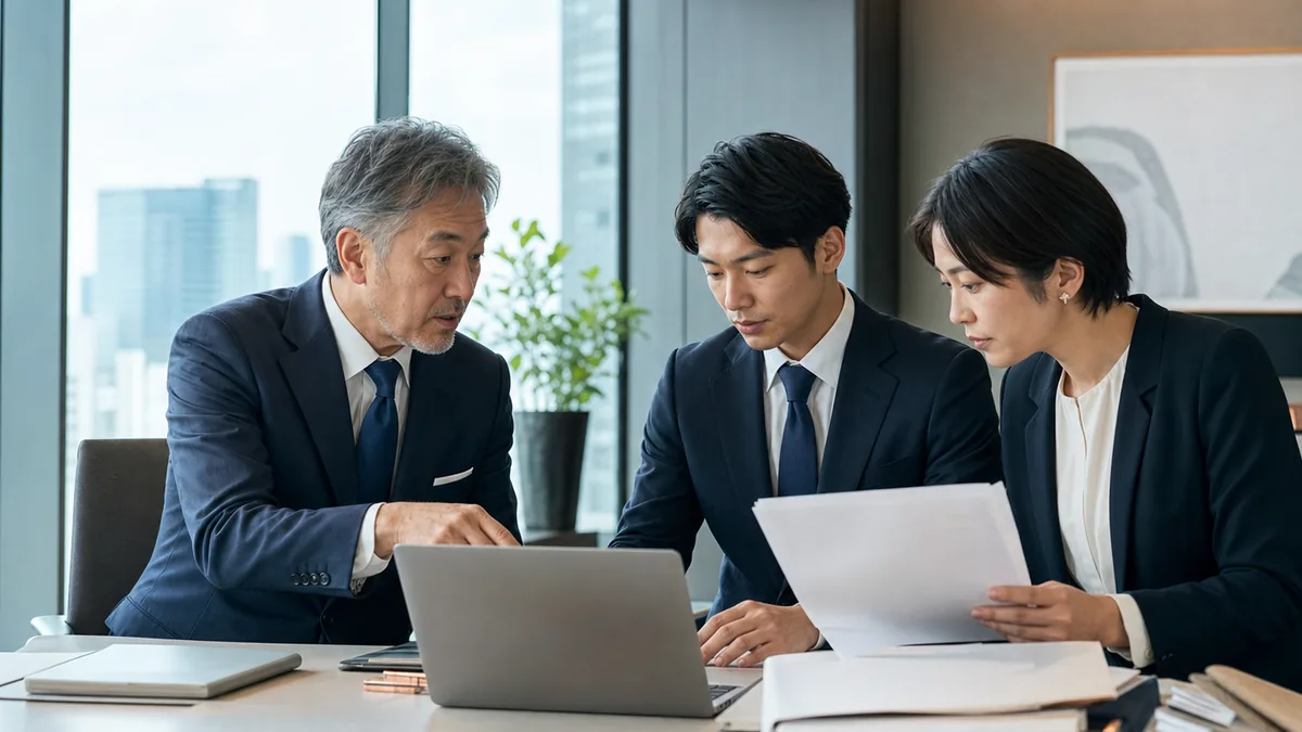 丸の内のオフィスで経理・給与データと継続契約を確認する担当者