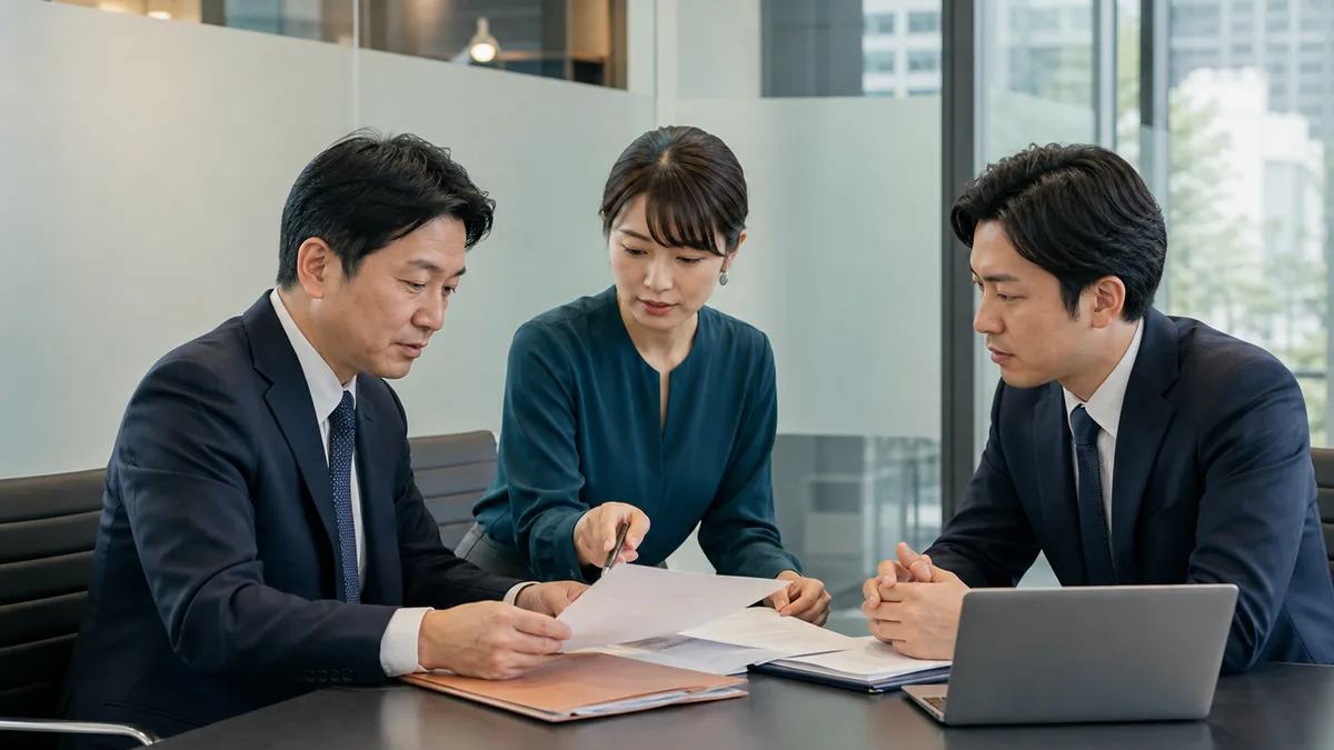 丸の内の会議室で機密資料と翻訳案件の引継ぎを整理する担当者