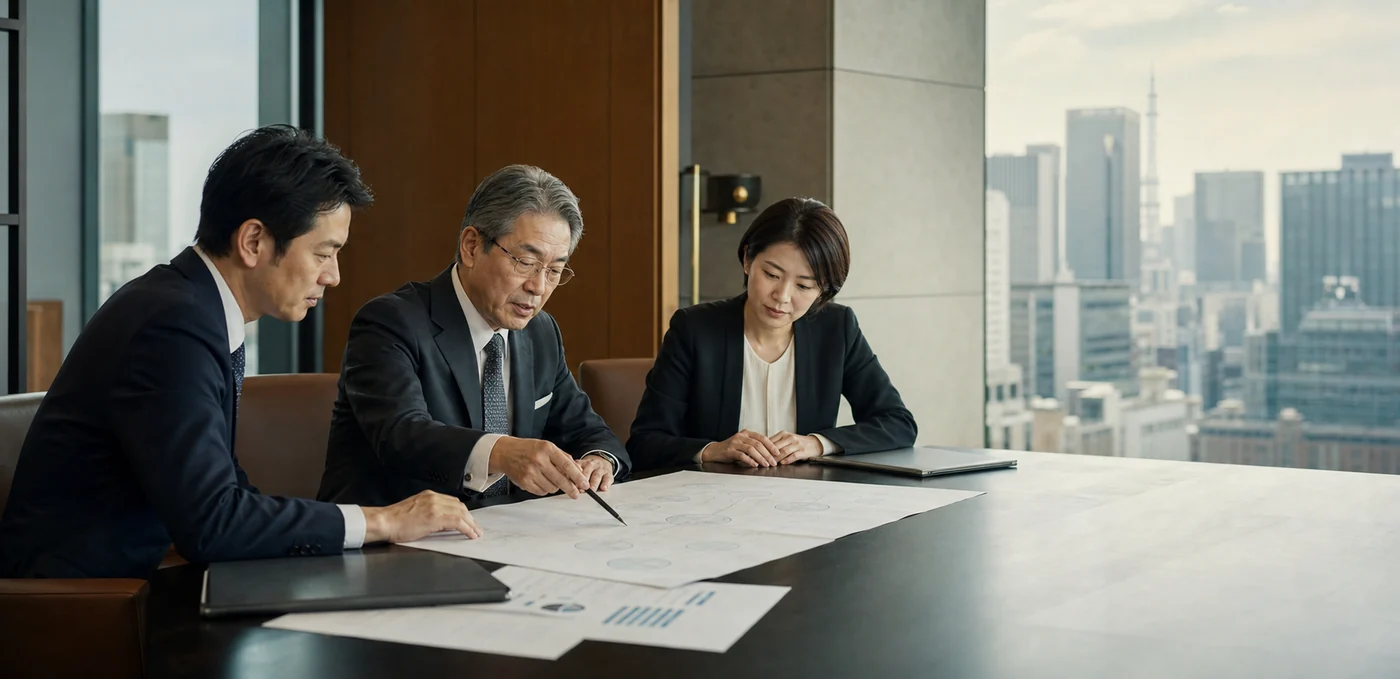 丸の内の企業価値と承継条件を資料で整理する経営者とアドバイザー